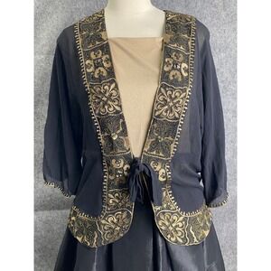 Chico's Silk Sheer Kimono Black Gold Embroidered Open Jacket Cardigan Party M